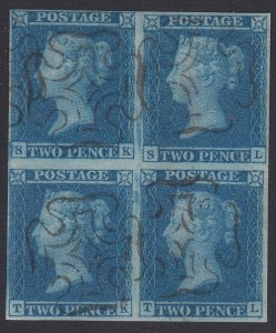 SG 14 1841 2d blue plate 3 lettered SK-TL block of 4 cancelled with crisp... 