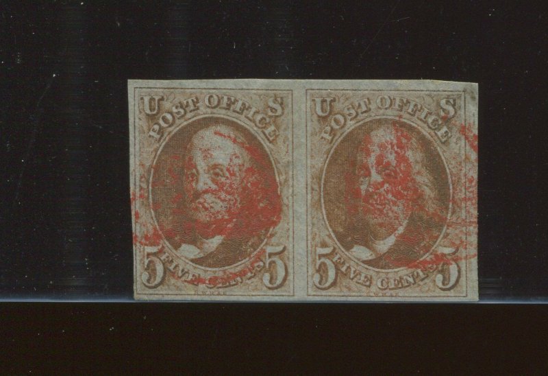 1b Franklin Used Pair of Stamps with RED Cancel PSE Cert (Bz 600)