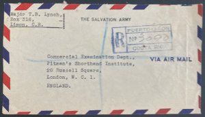 1948 Limon Costa Rica Salvation Army Registered Airmail cover to London England