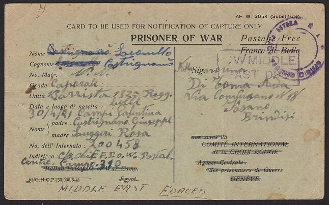 EGYPT 1942 Postcard ex Italian POW in British Camp 310 Suez to Italy........2659