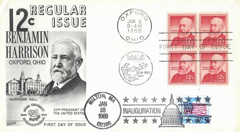 1959 FDC, #1045. 12c Benjamin Harrison, Fleetwood, block - inauguration cover