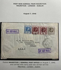 1946 Mauritius Postwar Airmail Cover To Dublin Ireland Via London