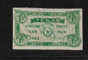 US State Revenues: Texas Citrus Fruit Stamp; 1c 1943 Issue; #CF33; Used