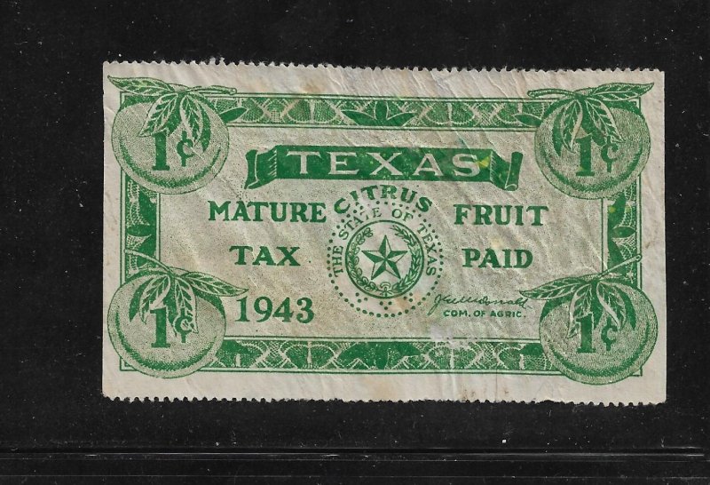 US State Revenues: Texas Citrus Fruit Stamp; 1c 1943 Issue; #CF33; Used