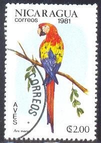 Bird, Parrot, Scarlet Macaw, Nicaragua stamp SC#1128 used