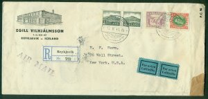 ICELAND 1941, multi-franked WWII regis. censored ad cover to U.S. via PORTUGAL