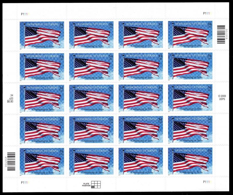 #3508 Honoring the Veterans 34 cent MNH sheet of 20 