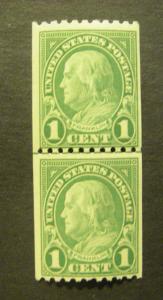 Scott 604, 1 cent vert Franklin, Line Pair, MNH Beauty