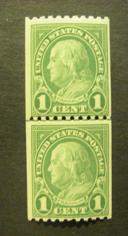 Scott 604, 1 cent vert Franklin, Line Pair, MNH Beauty