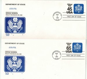 1990 EAGLE OFFICIAL MAIL SET OF 2 PASSPORT ENVELOPE FDCs By GAMM 45c + 65c