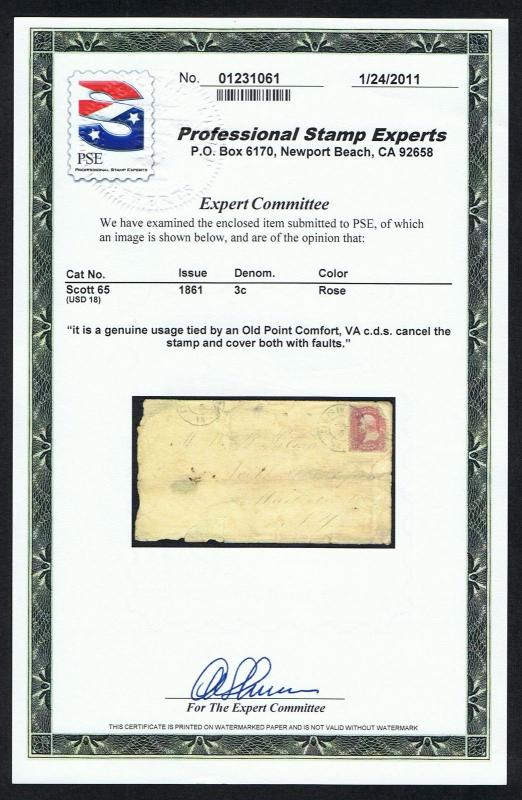 Civil War Scott 65 Csa South To North Cover Pse Cert Old Point