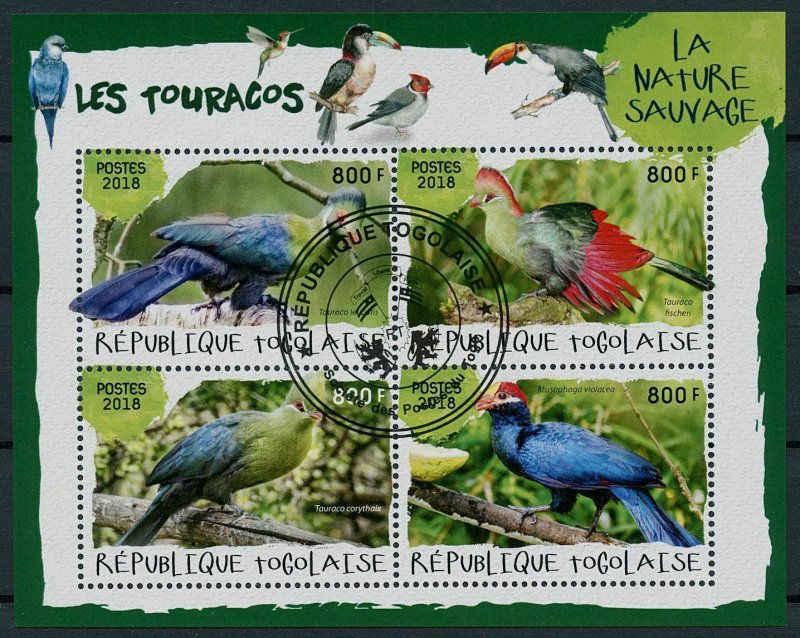 Togo 2018 CTO Birds on Stamps Turacos Turaco 4v M/S II 