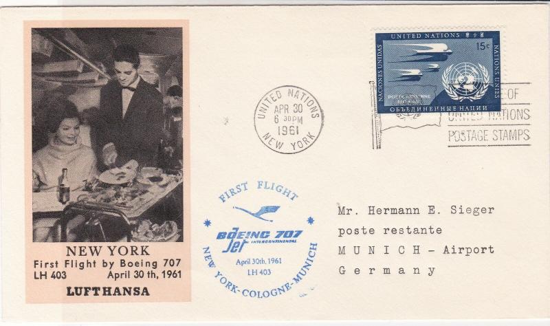 United Nations 1961 Boeing 707 N.Y.-Cologne-Munich Flight Stamps Cover Ref 28753