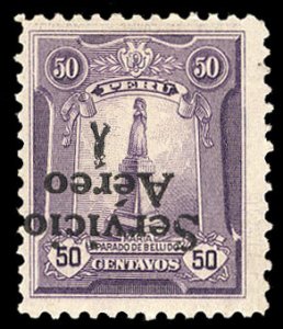 Peru #C1a Cat$500, 1927 50c violet, surcharge inverted, hinge remnant, signed...