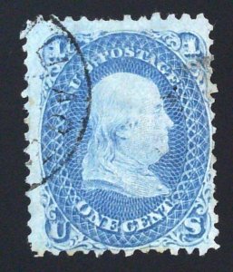 Scott#86 - VF - 1c Blue - Franklin - E-Grill - Used - 1868