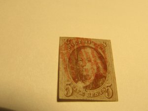 US STAMP, SCOTT # 1, 5c FRANKLIN USED WITH RED-ORANGE CANCEL, SCV $ 465.00,