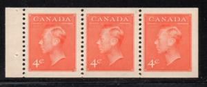 Canada Sc 306a 1951 4c orange vermilion G eorge VI booklet pane of 3 mint