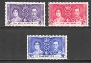 Mauritius Scott 208-10 Unused LHOG - 1937 Coronation Issue - SCV $1.75