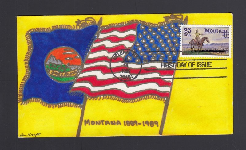 FDC: #2401 1989 25c Montana Statehood - BEN KRAFT Hand Painted Cachet #1