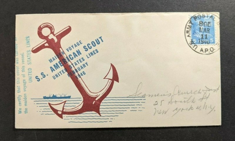 1946 US APO 896 SS American Scout Maiden Voyage Cover to New York City