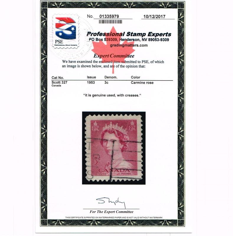 GENUINE CANADA SCOTT #327 XF USED PSE CERT 1953 QUEEN ELIZABETH II - ESTATE SALE