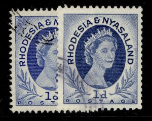 RHODESIA & NYASALAND QEII SG2 + 2a, 1d SHADE VARIEITIES, FINE USED. Cat £20.