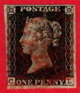 GBR SC #1 U (C,L) P7 1840 Queen Victoria 3+ margins, CV $350.00