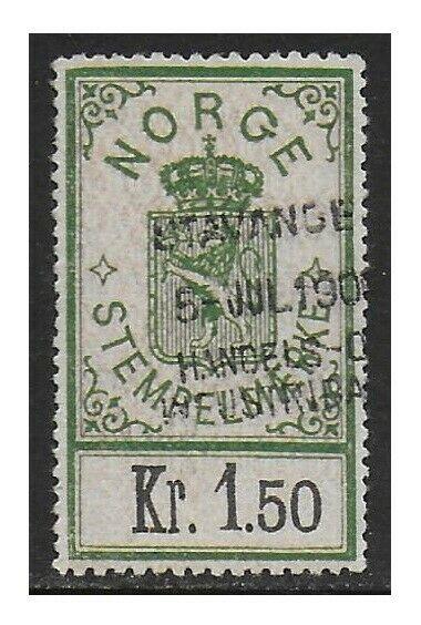 Norway 1902 Arms Documentary Revenue 1.50K Green & Light Red F/VF Used #16