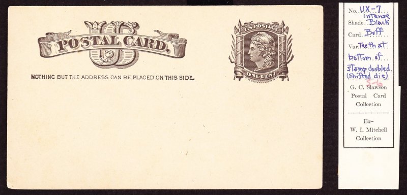 US Postal Card, Scott UX7, Unused, Var. Doubled Teeth at Bottom