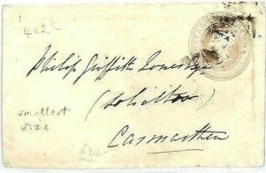 GB WALES Cover 1842 *Carmarthen* MX Cover Petite Size 1d PINK Stationery CR60