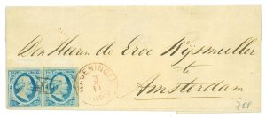 P2884 - NETHERLANDS NO 1 , 2 PIECES, 4 MARGINS ALL AROUND , 1863,-