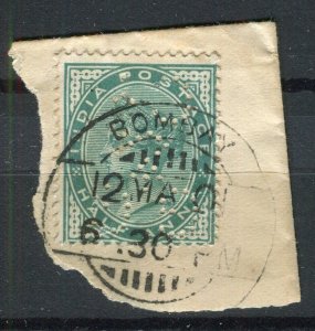 INDIA; 1901 early QV fine used Postmark Piece Bombay + PERFIN