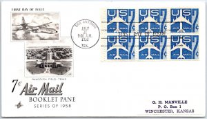 US FIRST DAY COVER 7c AIRMAIL JETS BOOKLET PANE OF (6) ART CRAFT CACHET 1958