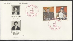 1980 #860-861 Canadian Musicians FDC, NR Covers Cachet, Barrie ONT CDS