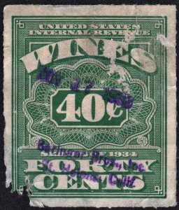 RE102 40¢ Wine Revenue Stamp (1934) Used/Fault