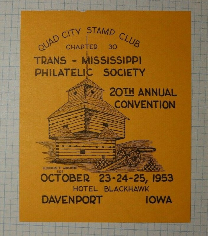 Quad City Stamp Club Davenport IA 1953 Blockhouse Ft Armstrong Philatelic Label