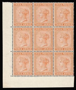 India 1890 QV 3a brown-orange Watermark 34 block of nine MNH. SG 94.