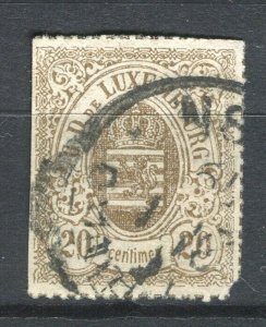 LUXEMBOURG; 1865 classic rouletted Arms issue used Shade of 20c. value