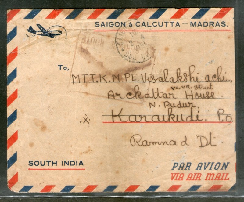 Indo-China 1951 Saigon-Calcutta-Madras Cvr Boxed X BY SURFACE ROUTE Stamp # 8039