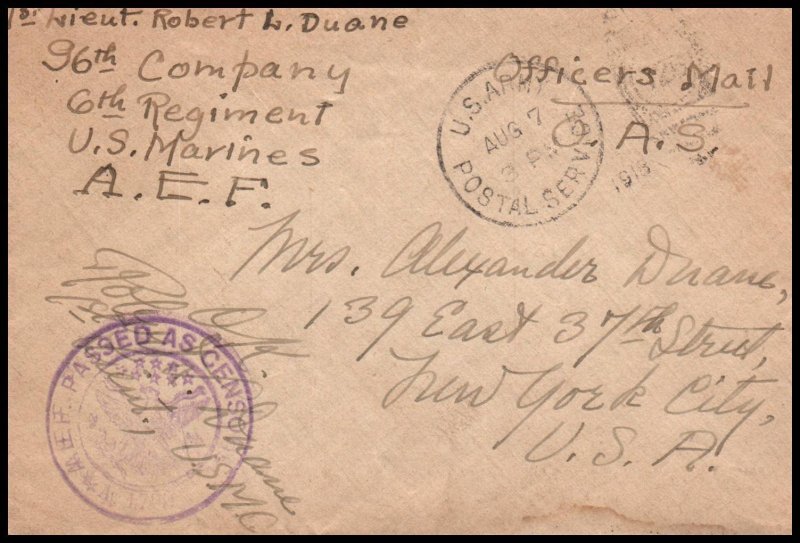 US American Ex Force Marines Officers Mail Censored WWI 1918 Cover