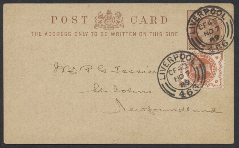 1889 GB 1/2d Postal Card Uprated Liverpool to Newfoundland Mercury Subscription