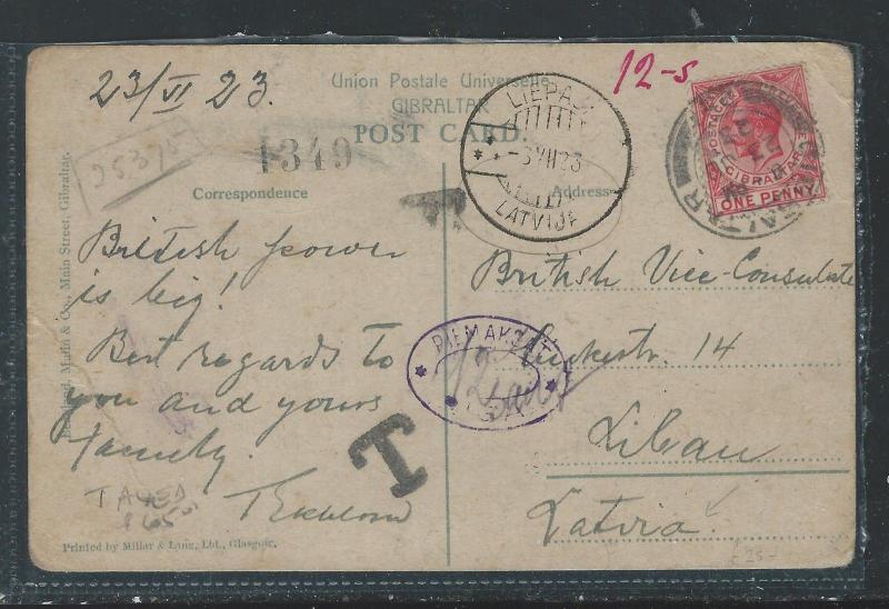 GIBRALTAR (P0912B) KGV PPC 1923 KGV 1D TO LATVIA, TAXED