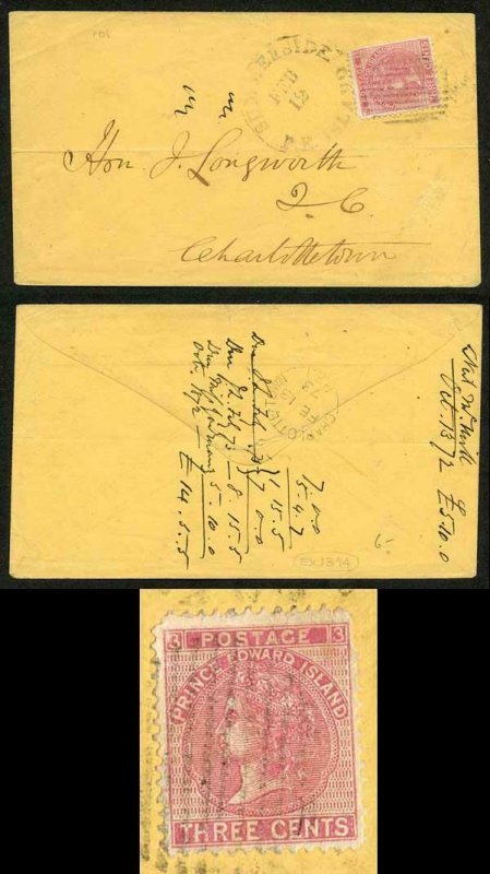 PRINCE EDWARD Is SG45 1872 3c rose perf 12.5-13 on Cover