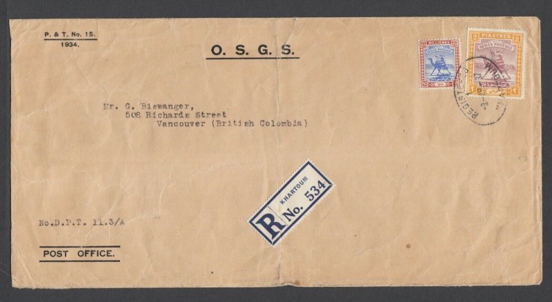 Sudan Sc 42, 43 used on 1937 Official OSGS Registered cover KHARTOUM - VANCOUVER