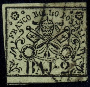 Italy Roman States #3 Papal Arms 2b Bajocchi Postage Stamp Europe 1852 Used