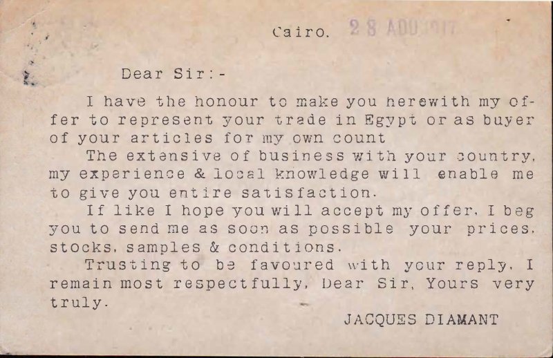 Egypt 1917 SG 85 2m Green on Clean Salesmans Card to Chicago  Censor Handstamp