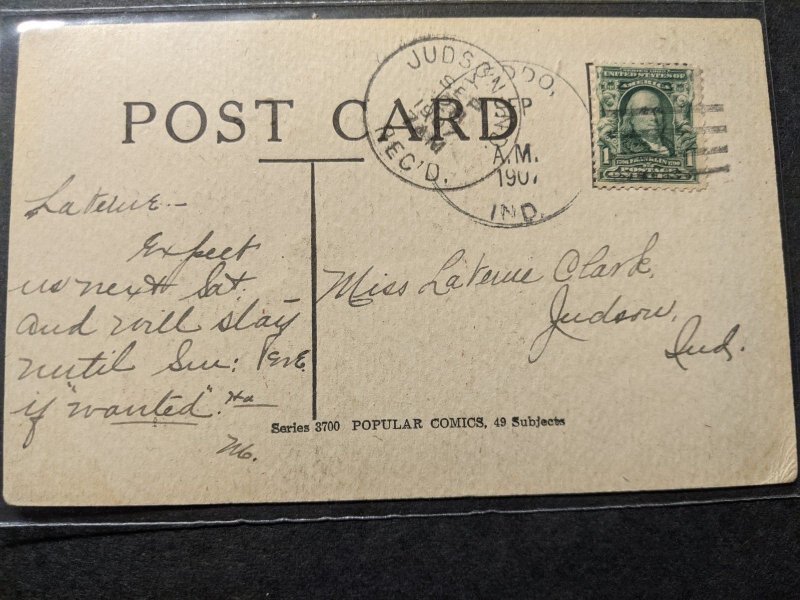 YEDDO to JUDSON, INDIANA 1907 Postal History Cover POPULAR COMICS Postcard 