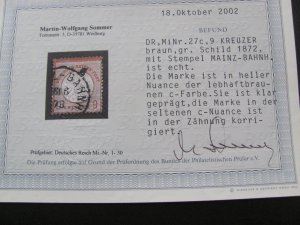 GERMANY 1872 USED BEFUND SOMMER BPP MI. 27c SC 25 LARGE SHIELD VF 1700 EUR (122)