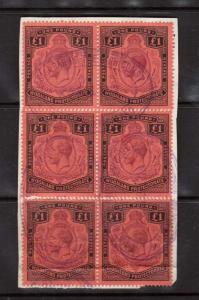 Nyasaland Protectorate #23 Fiscally Used Block Of Six On Piece