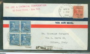 US  New York, NY April 9, 1940 to Milano Italy.  30c postage affixed Milan backstamp.  Very light airmail envelope, all intact.